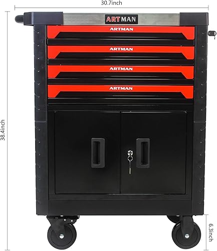 Miniatura 6 de Cofre de herramientas con cajones con cerradura y banco de trabajo superior de acero inoxidable, carrito de herramientas rodante sobre ruedas para