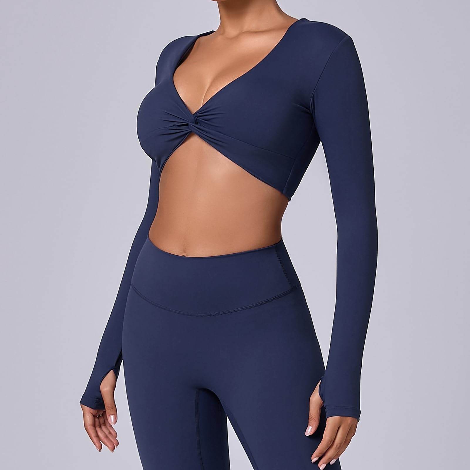 Camiseta de entrenamiento de manga larga para mujer, cuello en V profundo, recortada, para yoga, pilates, gimnasio