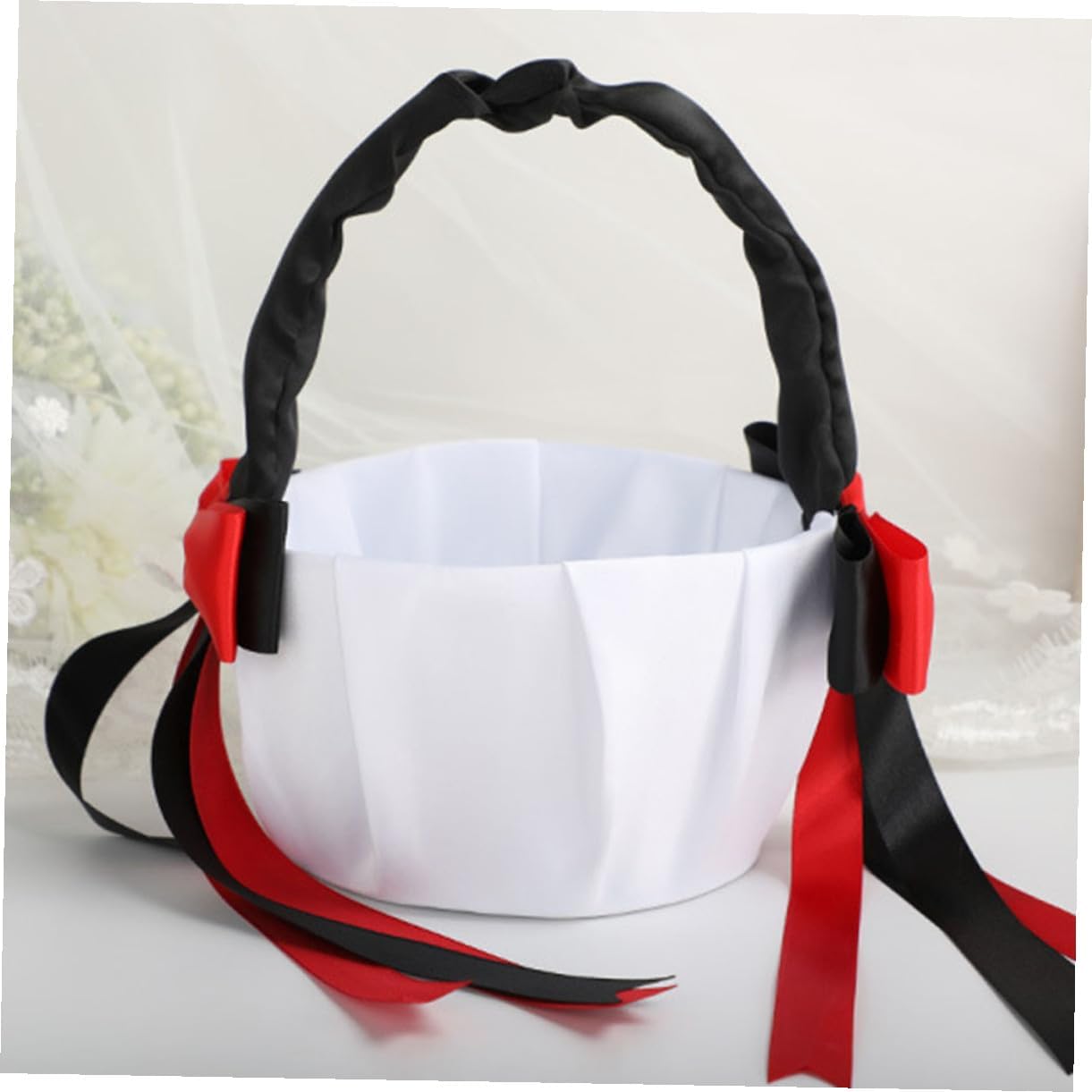 Generic Flower Girl Basket for Wedding Ceremony Black Ribbon Bowknot Handheld Basket Portable for Flower
