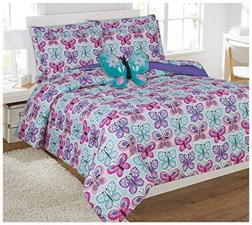 Elegant Home Butterflies Floral Multicolor Blue White Pink Design 8 Piece Comforter Bedding Set for Girls/Kids Bed in a Bag with Sheet Set & Decorative Toy Pillow # Butterfly Blue 2 (Full Size)