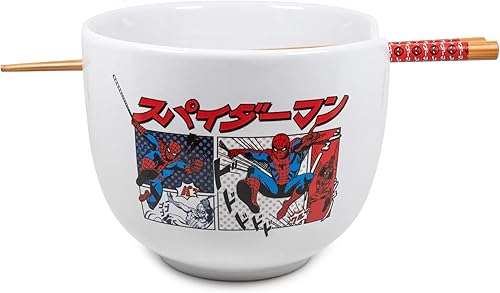 Silver Buffalo - Cuenco con palillos para arroz, fideos o ramen, de cerámica, modelo viñetas de cómic de estilo manga japonés de Spider-Man, de