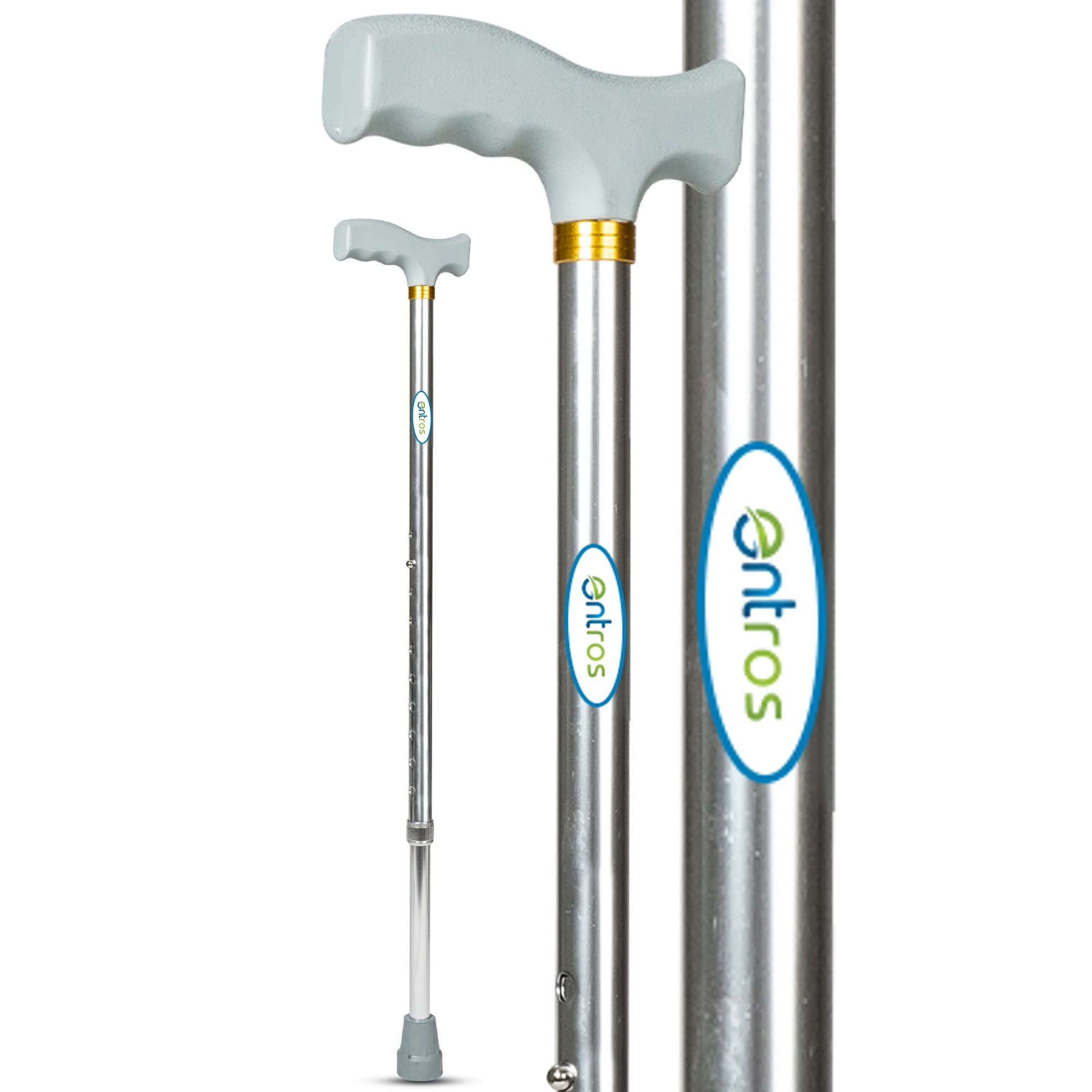 Entros Single Leg L Shaped Walking Stick | Height Adjustable | Lightweight Aluminum Stick with Anti-Skid Base | Walking Stick for Old People, Patients, and Handicaps (920L, Silver)