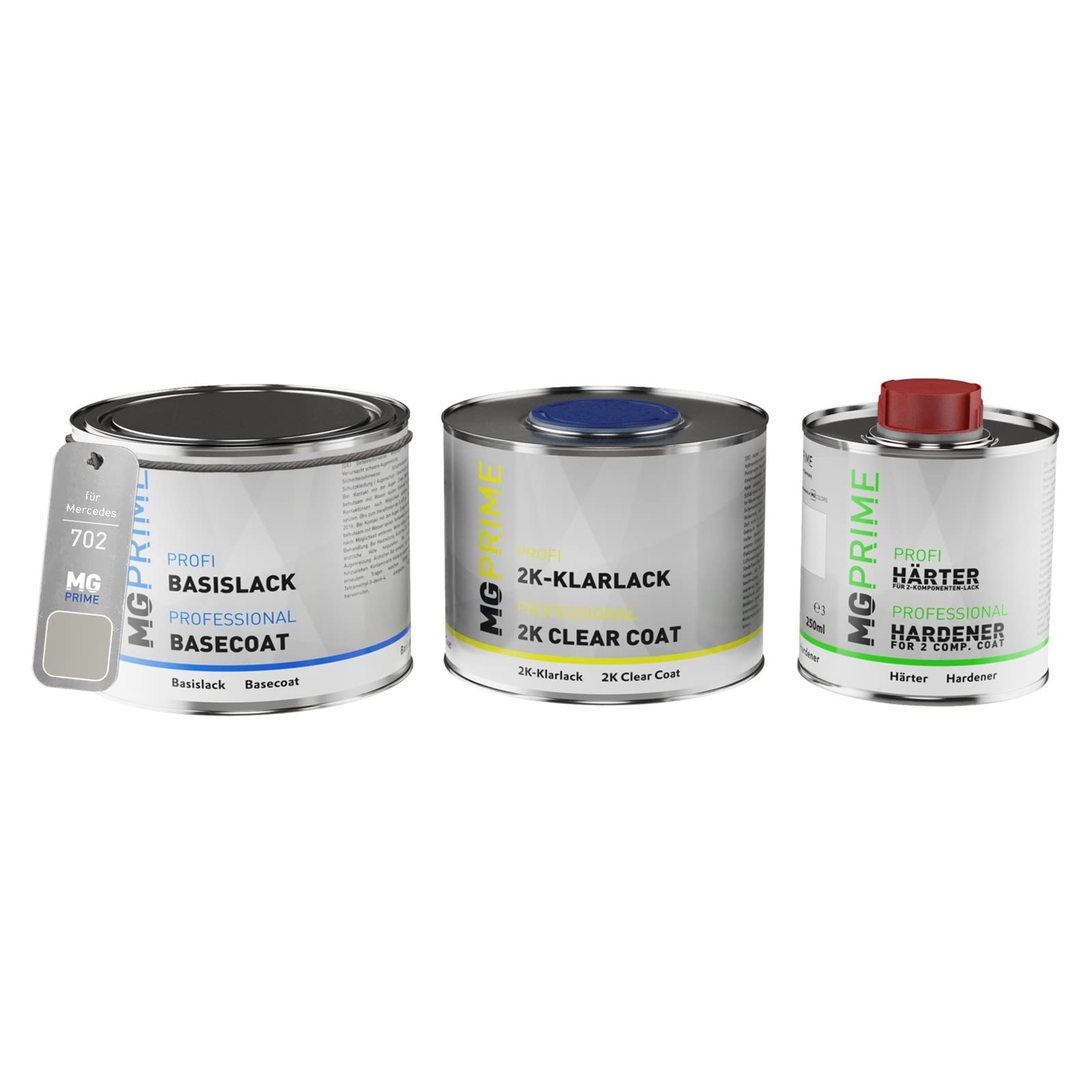 MG PRIME Autolack Dosen Set für Mercedes 702 Rauchsilber Metallic 1,25L | Smoke Silver Metallic, Set aus Basislack + 2K Klarlack + Härter, Literware, spritzfertig