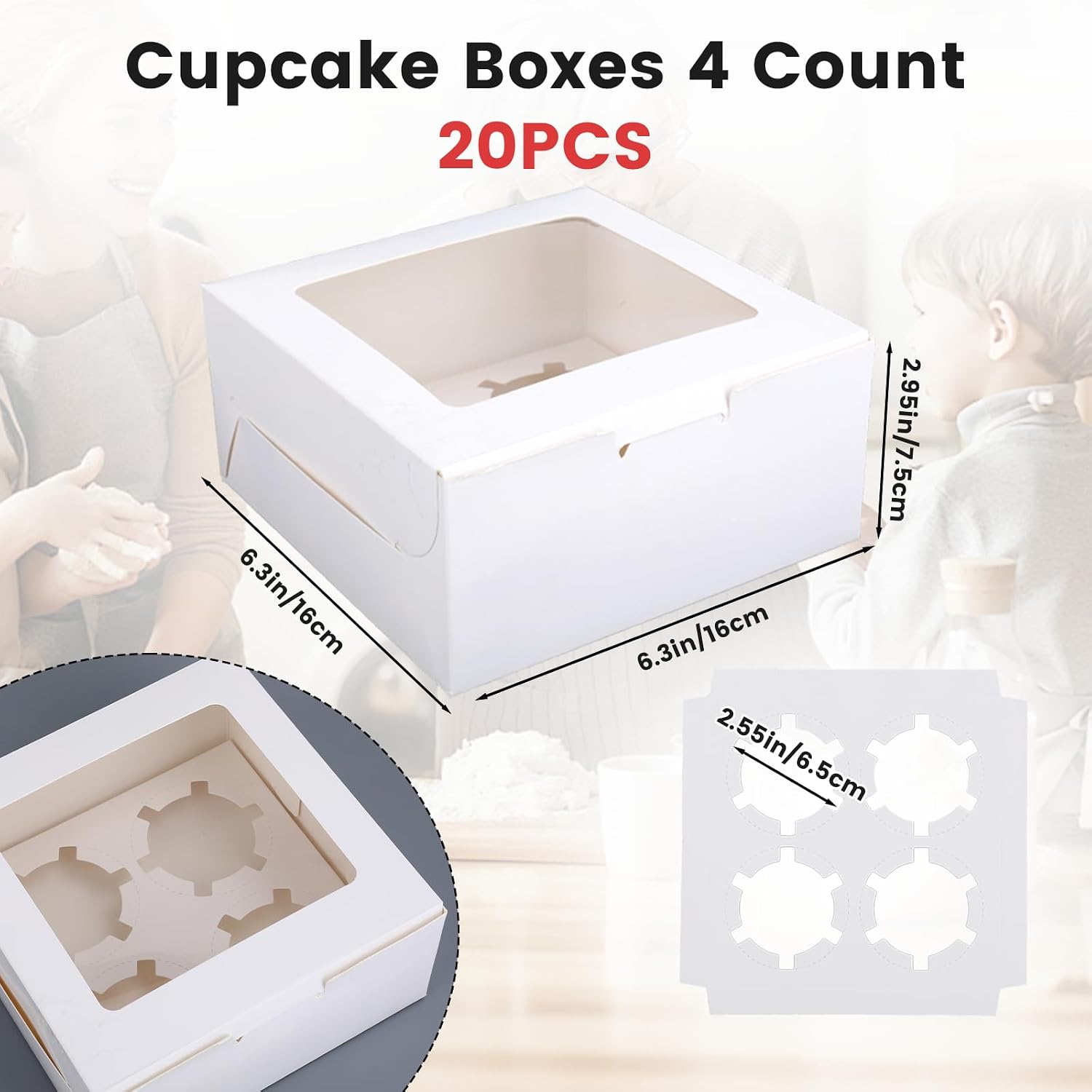 20 PCS Paper Cupcake Boxes 4 Count，Muffin Boxes with Clear Window and Insert for Birthday,Valentine, Wedding, Party and Bakery Supplies (6.3" x 6.3",White)