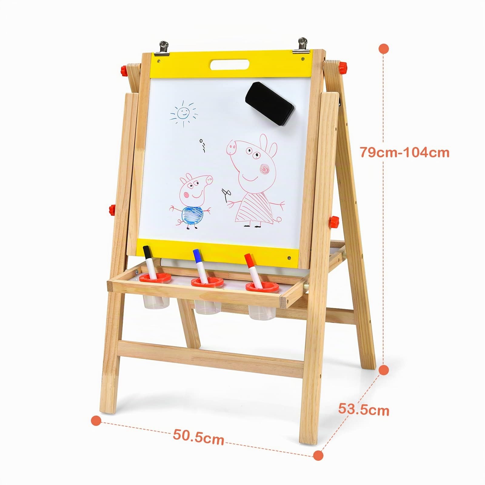 COSTWAY Chevalet Pliable 3-en-1 pour Enfants de 3+Ans, Chevalet d'Art en Bois avec Hauteur Réglable sur 5 Positions, Plateau de Rangement et Tableau à 2 Faces, 50,5 x 53,5 x 79-104 cm (Naturel+Jaune)