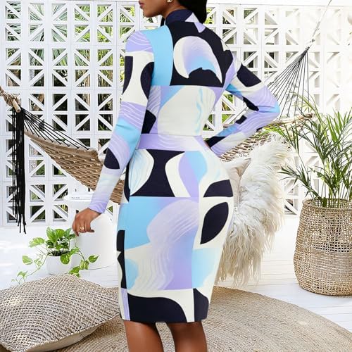 Image of MsavigVice Women's Long Sleeve Mandarin Collar Knee Length Bodycon Dress | Vibrant Abstract Prints, Multiple Pattern Options, Soft Stretch Fabric