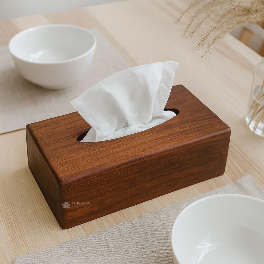 Image of Wooden Tissue Box| Rosewood Napkin Box| Tissue Holder Organizer for Table, Home, Office, Car| Rectangular Facial Paper Cloth Storage Case| Dispenser (Rosewood Plain, 9X5 Inches)