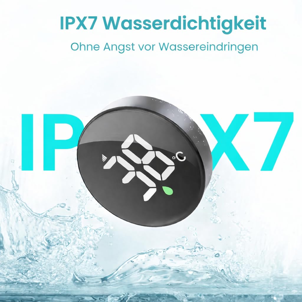 Longriver MX08 Drahtloser Duschtemperaturmonitor mit Wasserdichtem Echtzeit-Anzeige, Wasserbetriebener Sensoreinheit – Kompatibel mit Den Meisten Duschtöpfen, Zwischen °F und °C umschalten