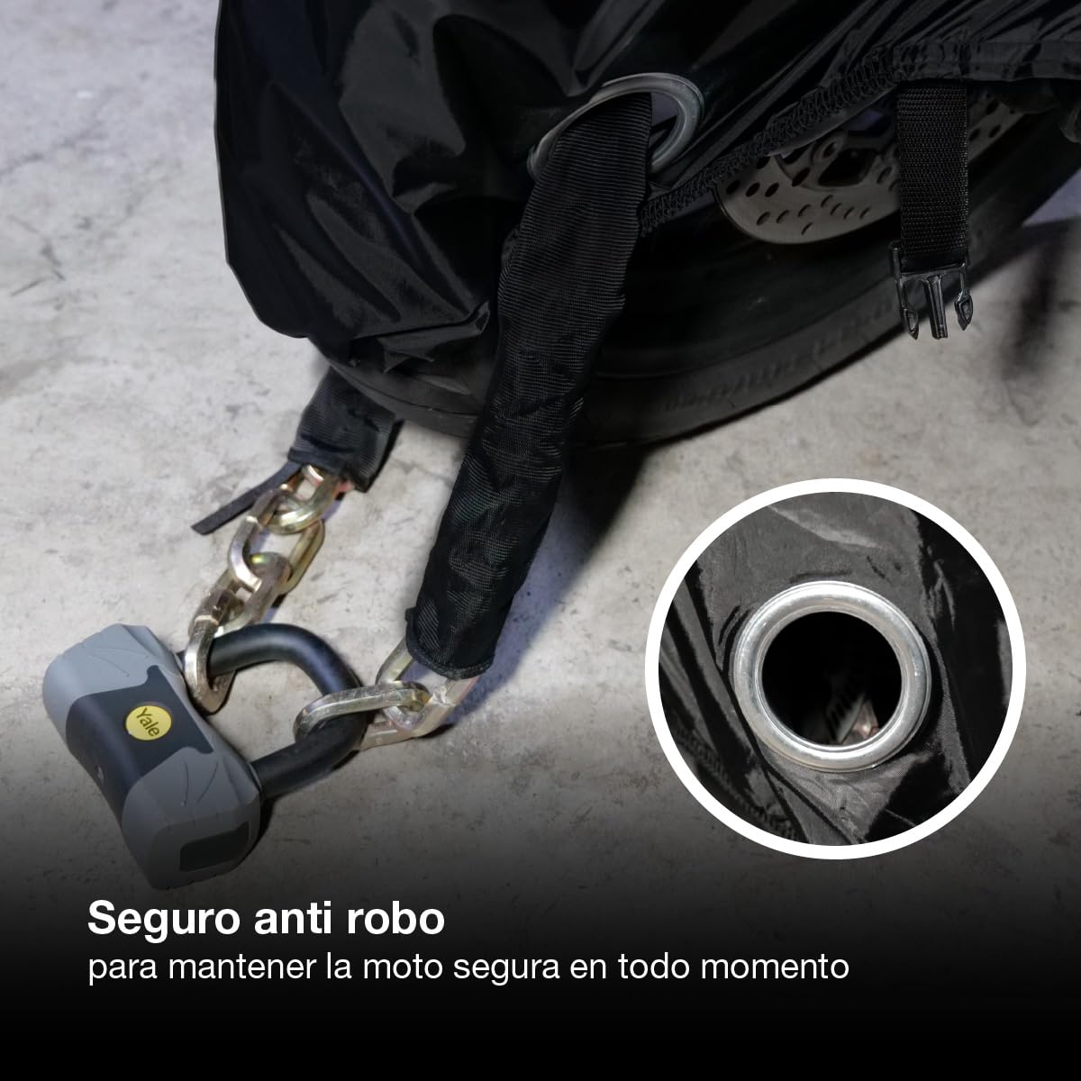 PMK GRUPO | Funda para Moto Impermeable 190T Talla L (245x105x125 cm) | Cubierta para Motocicleta y Scooter Exterior | Protector UV, Antirrobo con Ojal para Candado, Hebilla Antiviento y Reflectante