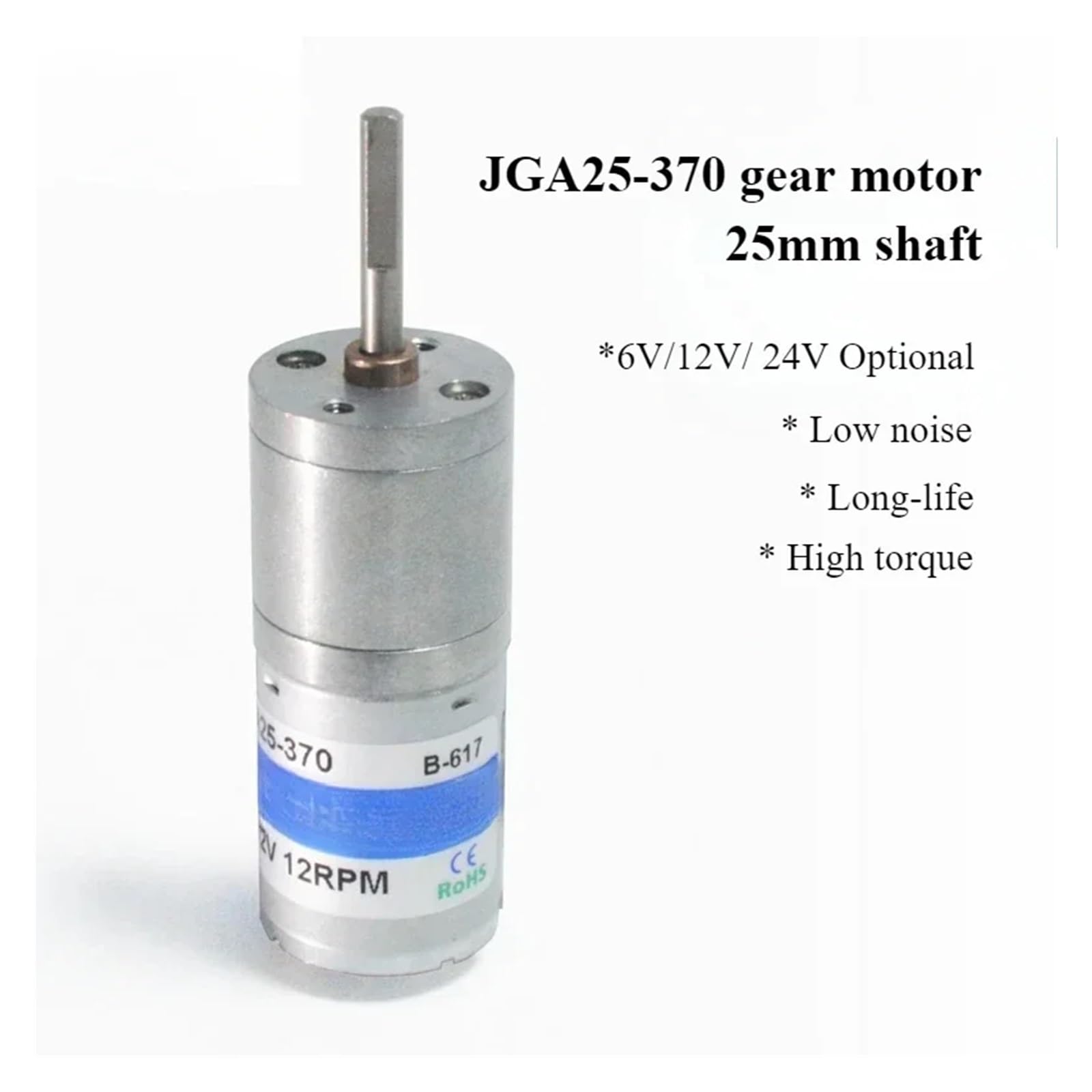 Getriebemotor, Gleichstrom, 6 V, 12 und 24, geräuscharm, niedrige Geschwindigkeit, Getriebedurchmesser 25 mm, lange Welle, JGA25-370 (10 U/min_6 V)