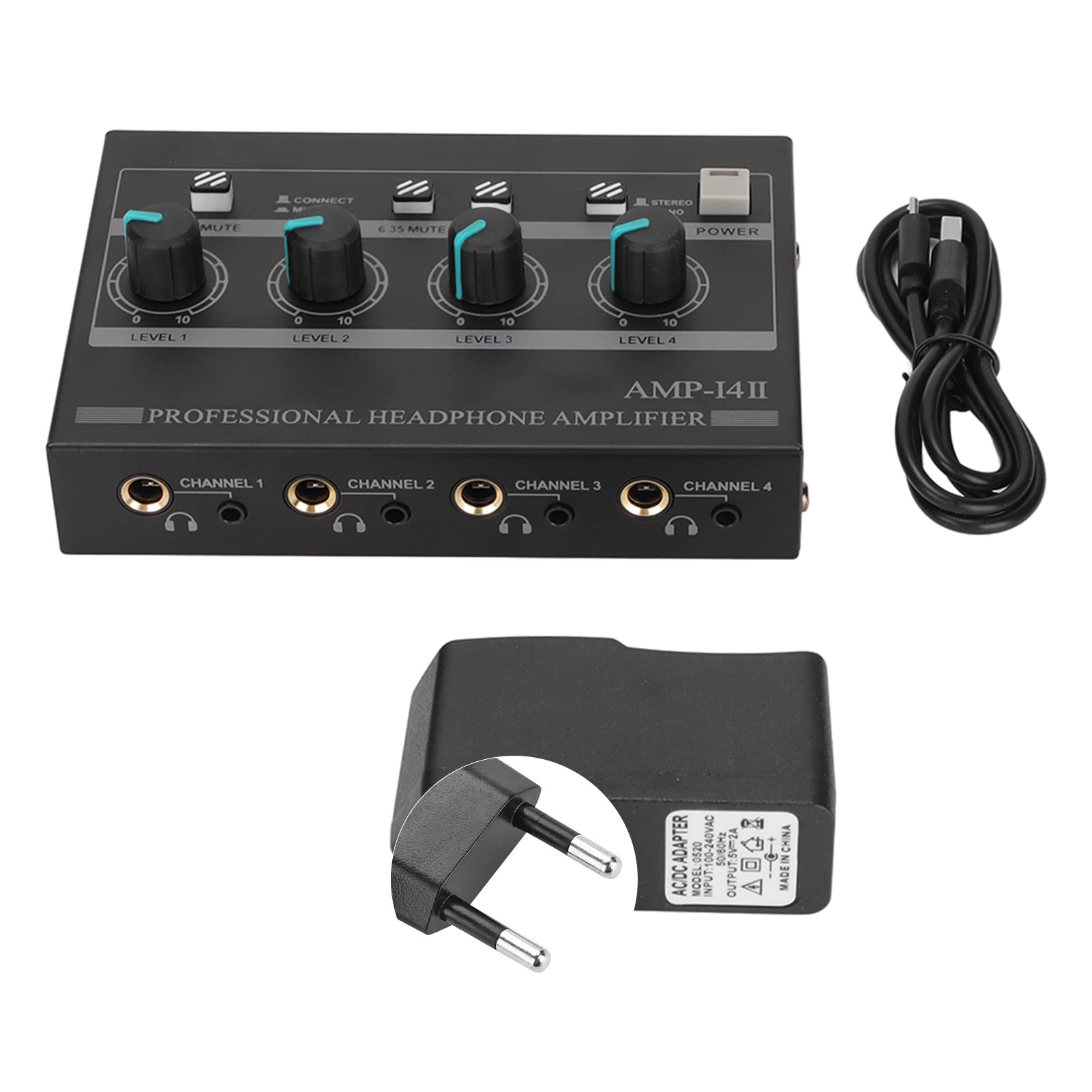 AMP14II Amplificateur de Casque 4 Canaux, Amplificateur de Casque Stéréo Compact 4 Voies avec Adaptateur 12 V 2 A, Distorsion Minimale pour Studio et Scène (Prise UE)