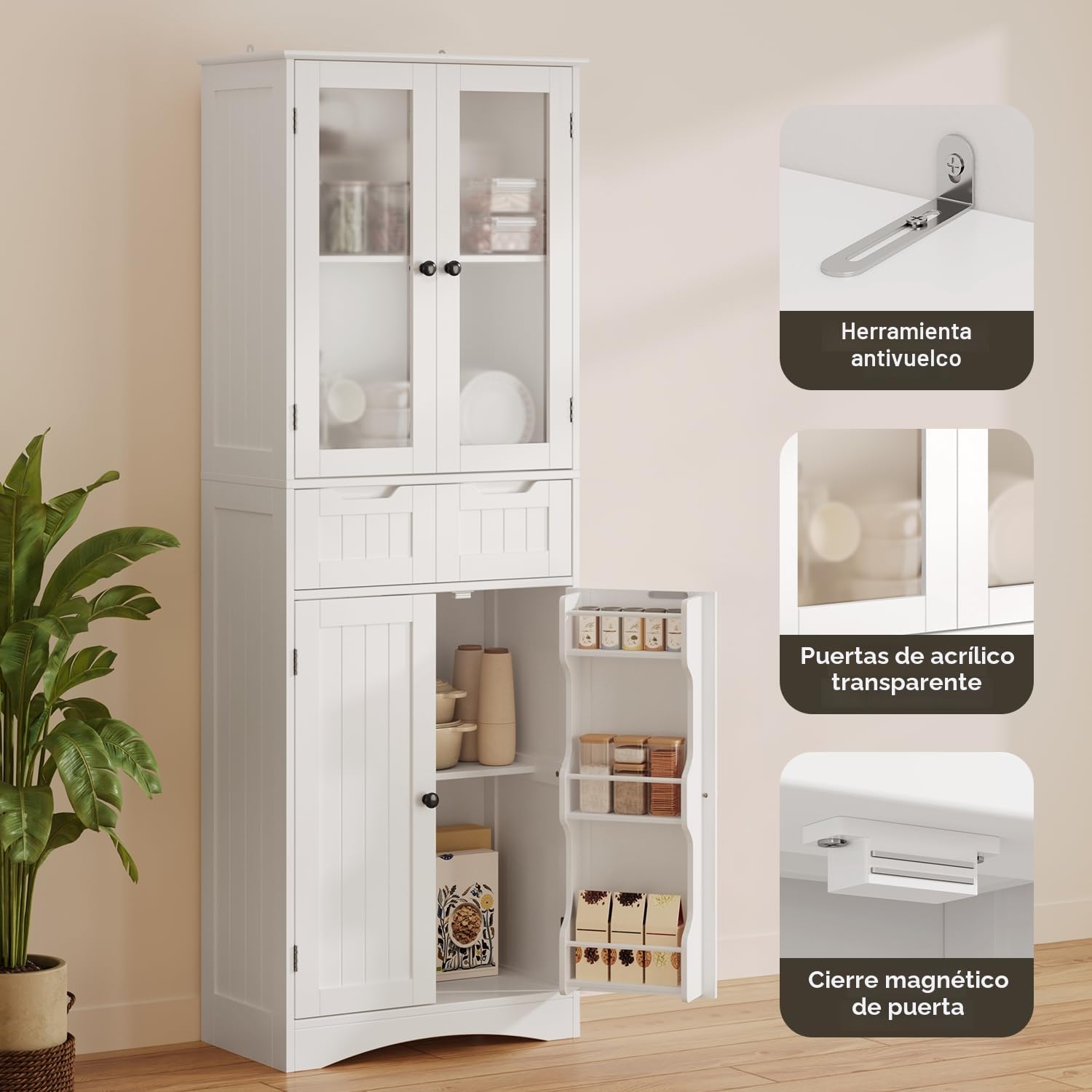 Xbro Armario Alto de Cocina, 170 x 30 x 60cm, Mueble Cocina Alto 4 Puertas y 2 Cajones, Armario de Vitrina con Estantes Laterales, Salón y Comedor (Blanco)