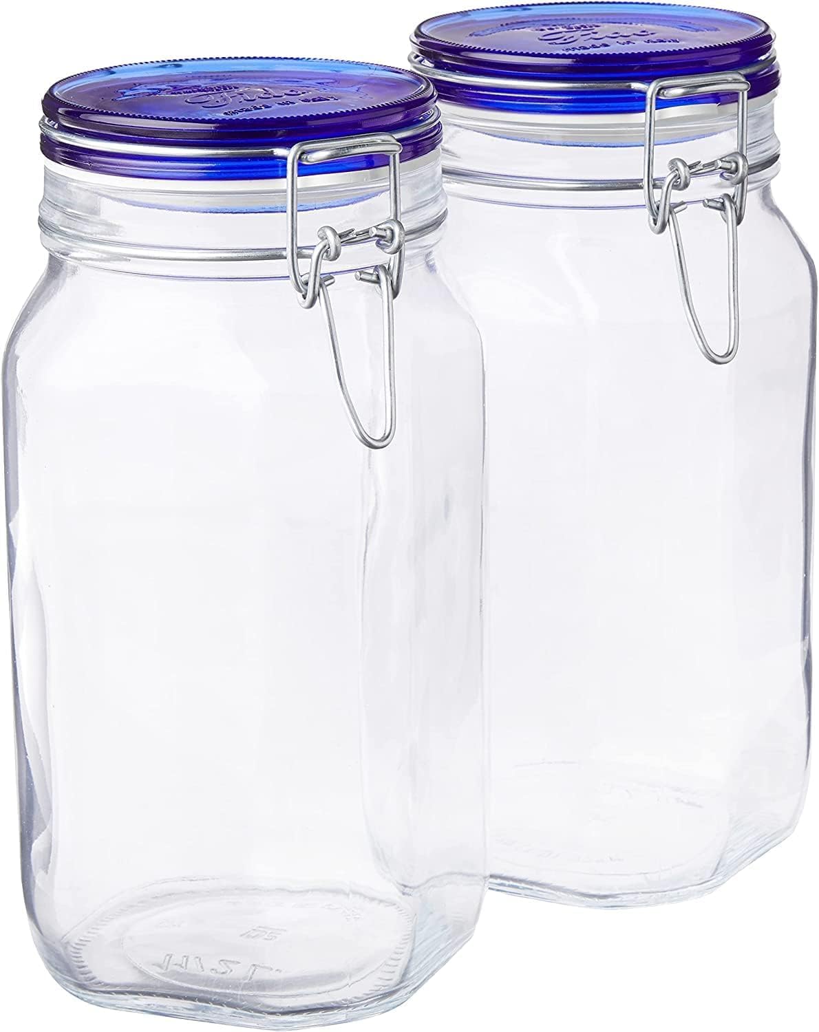 DevaCurl Bormioli Rocco 1 43208-6334 Fido Square Jar, 1.50 Liter (Pack of 2), Clear with Blue Lid, 50¾ Oz
