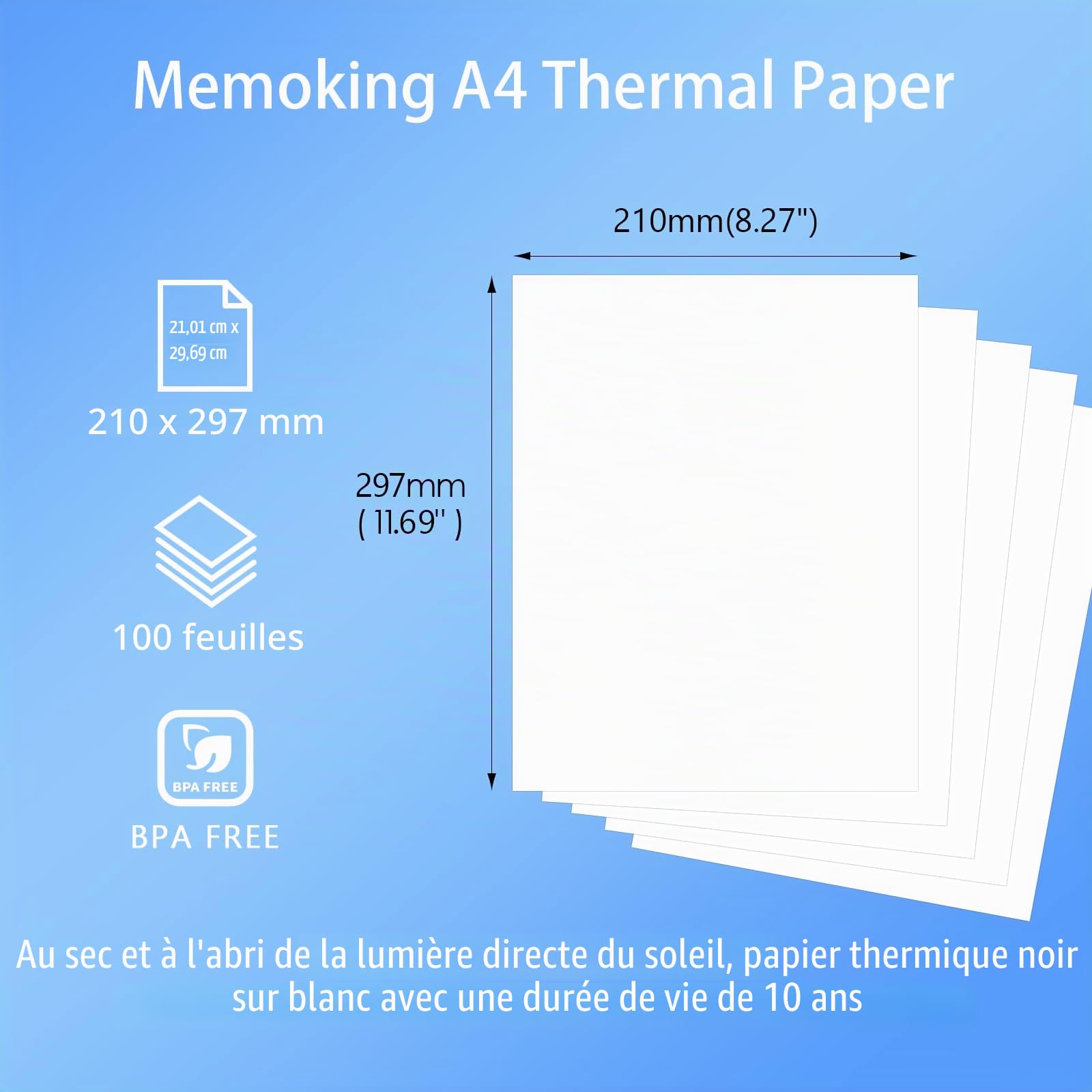 Papier Thermique A4 210 x 297 mm Lot de 100 Feuilles Compatible Phomemo TATTMUSE A285M A28U M08F M834 M832D M08D