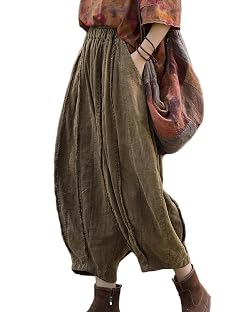 NFYM Women Wide Leg Elastic Waist Cotton Linen Distressed Patchwork Pumpkin Style Wide Leg 3 4 Length Cropped