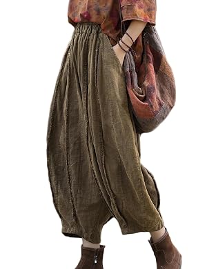 NFYM Women Wide Leg Elastic Waist Cotton Linen Distressed Patchwork Pumpkin Style Wide Leg 3 4 Length Cropped
