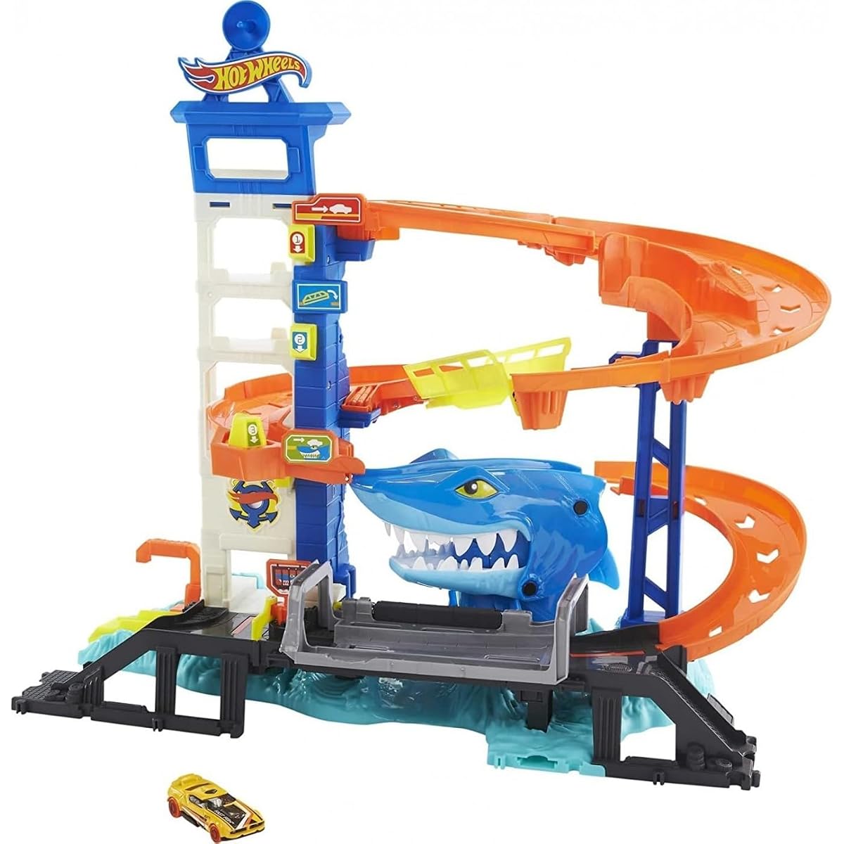 Hot Wheels™ Track Set and 1:64 Scale Toy Car, Multi-Level Playset with Shark