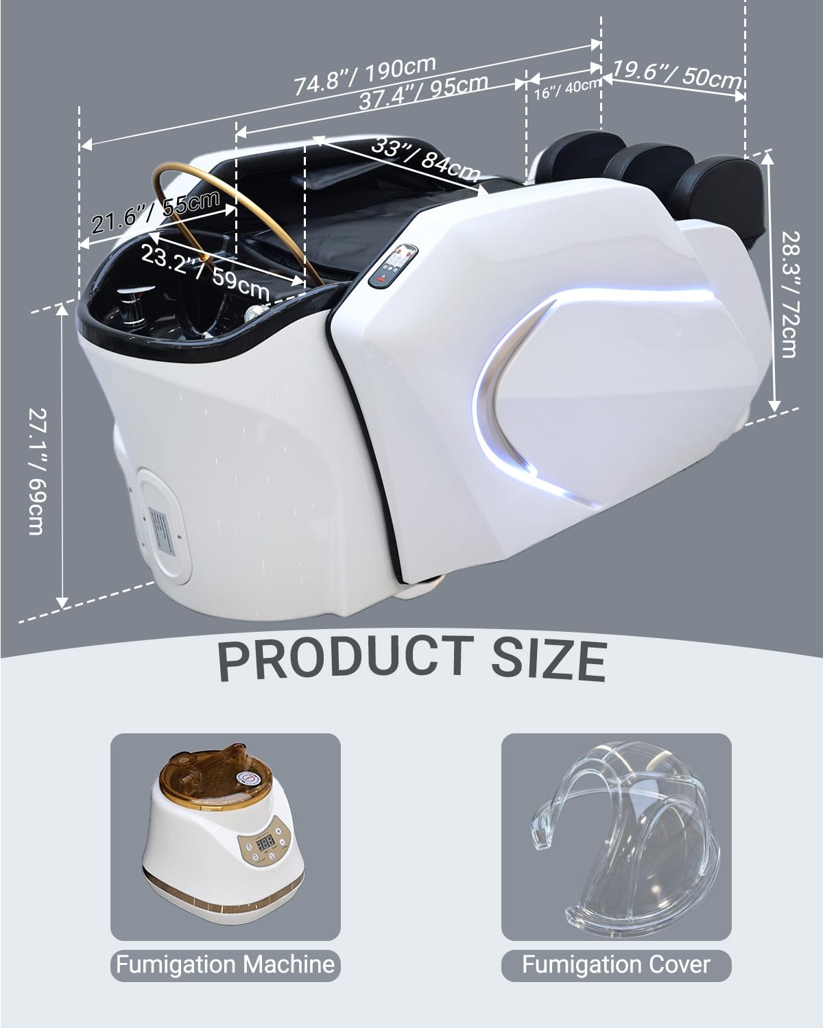 Lettino per massaggio elettrico con luce ambientale e cascata per la testa - Vaporizzatore per capelli intelligente, lettino per massaggio completo del corpo