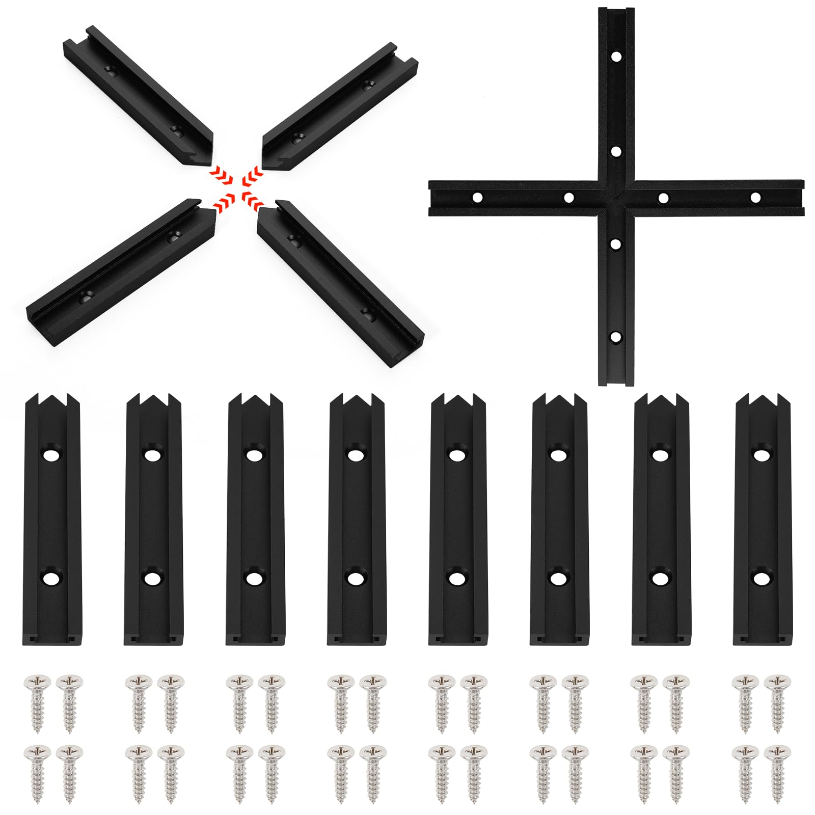 16PcsT-Track Intersección para carpintería con tornillos, perfil de plantilla de doble corte, pistas en T universales negras