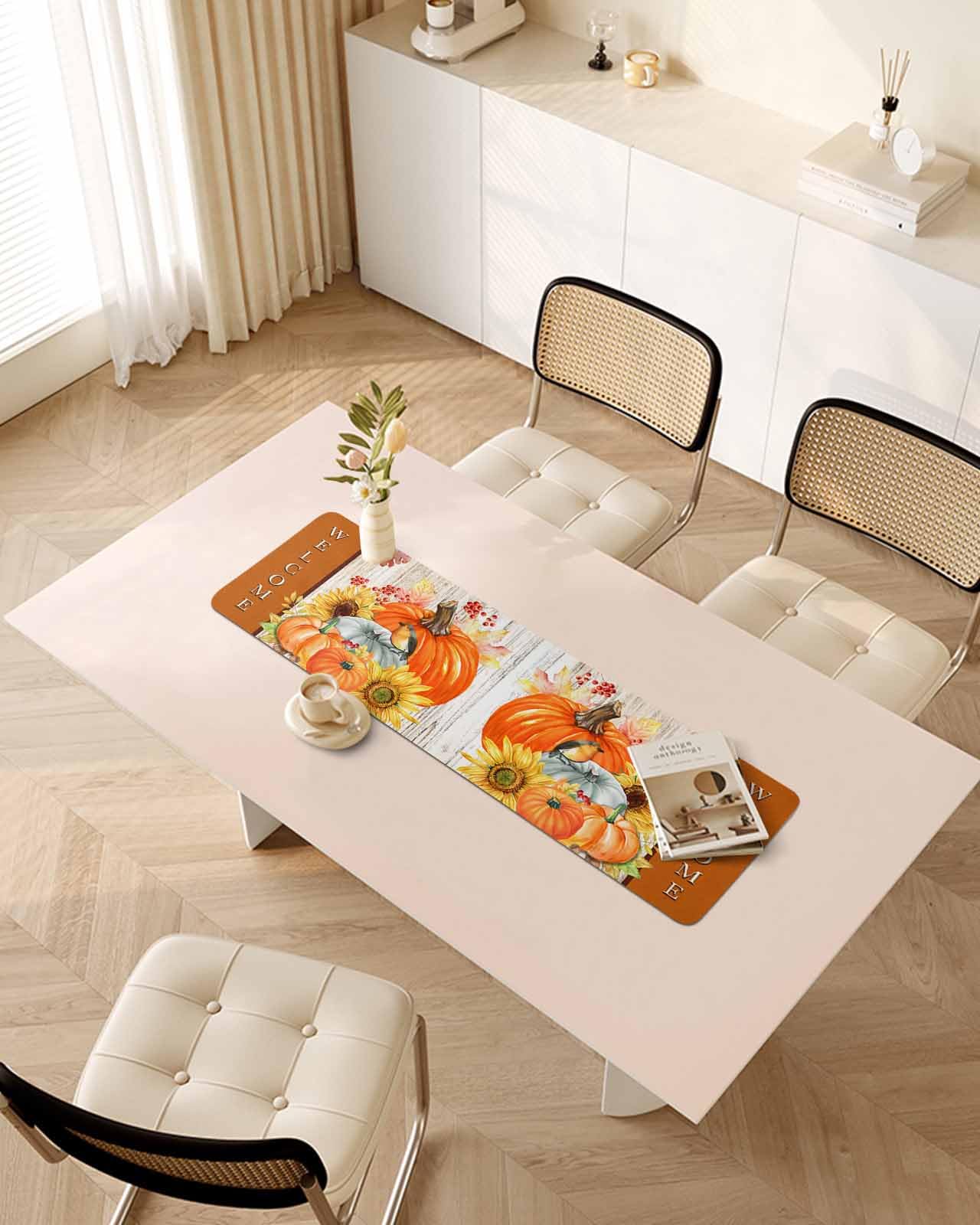 Debedcor Heat Proof Table Pads Waterproof Decorative, Autumn Sunflower Non-Slip Table Countertop Protector, Fall Pumpkins Floral Bird Wooden Insulation Mat for Kitchen Room, 40 x 12 Inches