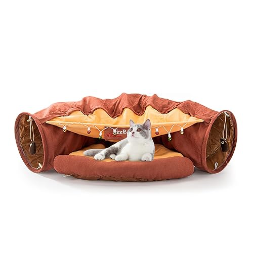 Galatée Cama para Gatos, Túnel para Gatos con Alfombrilla, Cama para Mascotas con 2 Bolas De Felpa Colgantes