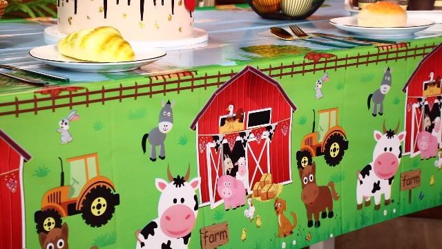 Farm Animals Party Tablecloth - Disposable Plastic Table Cover, 108x54 Inches, 4-Pack (Red Barnyard Theme)