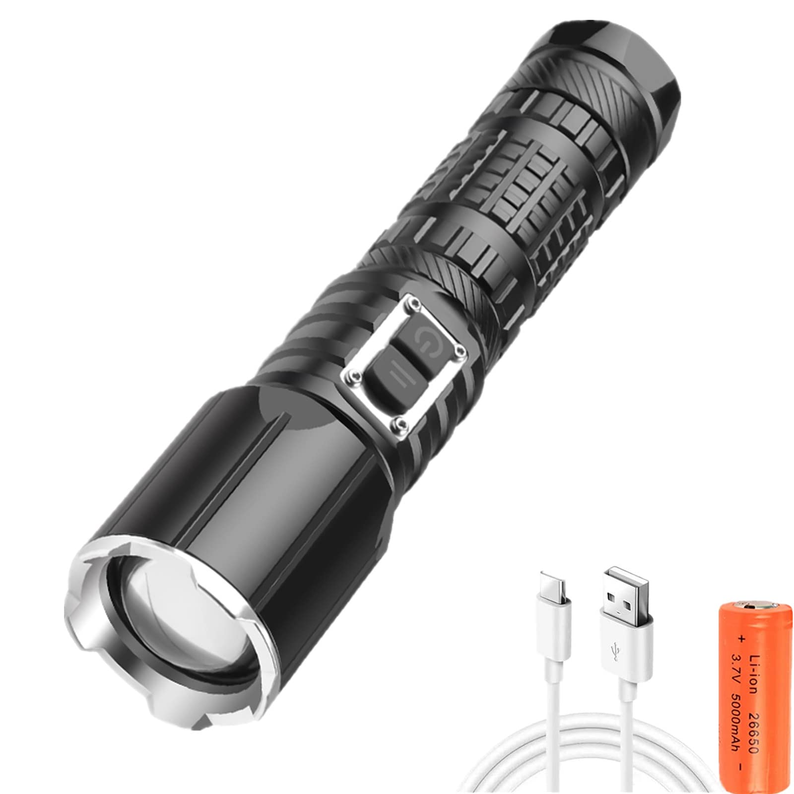 Bestsun Black 30000 High Lumens Xhp70 Led Flashlight, Ultra Bright Rechargeable Xhp70 Led Flashlights Tactical Handheld Light With 5 Modes, Waterproof Zoomable Torch Lamp For Hiking, Camping, Emergency