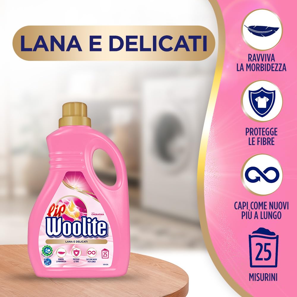 Lip Woolite Detersivo Lavatrice Lana e Delicati 25 Lavaggi, 4 Confezioni da 1500 ml di Detersivo Lavatrice Liquido Lana e Delicati con Cheratina