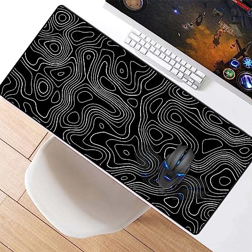 Image of Large Gmaing Mouse Pad with Stitched Edges, Superior Micro-Weave Cloth, Non-Slip Base, Size 35.4 X 15.7X 0.12inches - Black Topographic Contour