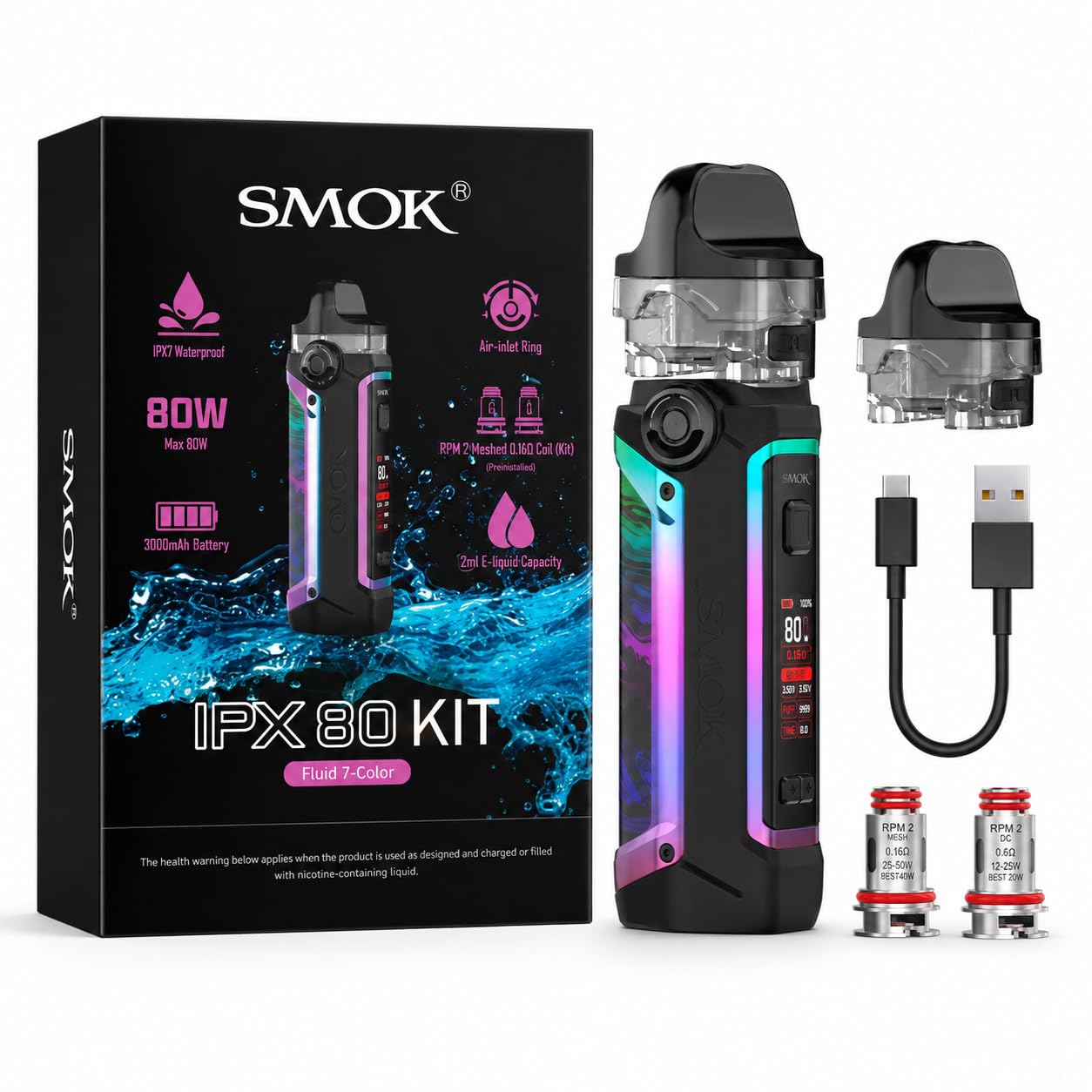 SMOK IPX80 Vape Kit [Fluid 7 Colour] - Big 3000mAh Battery & 80W Triple  Proof, MTL/DTL Vaping, 2A Fast Charge, Dual Pods Compatible RPM/RPM2,  Refillable Rechargeable E Cigarettes, No Nicotine: Amazon.co.uk: Electronics