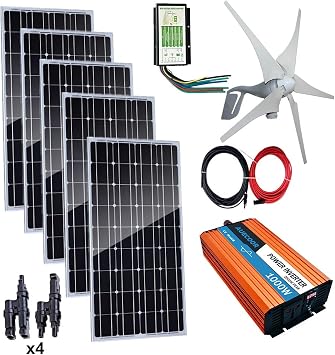 900W توربينات الرياح مولد كيت 5 X 100 W الألواح الشمسية أحادية البلورية + 12 V/24 V 400 W توربينات الرياح + 12 V-110 V 1000 W خارج الشبكة العاكس + تحكم الهجين لشحن البطارية