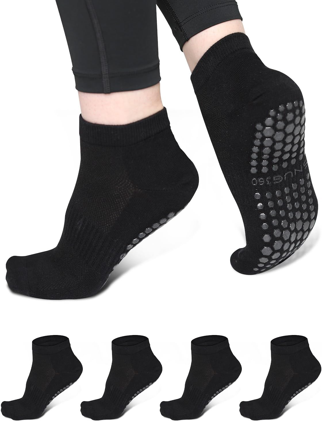Pilates Grip Socks for Women, 4 Pairs Non-Slip Cotton Grip Socks with Silicone Grips for Yoga, Barre, Workout & More