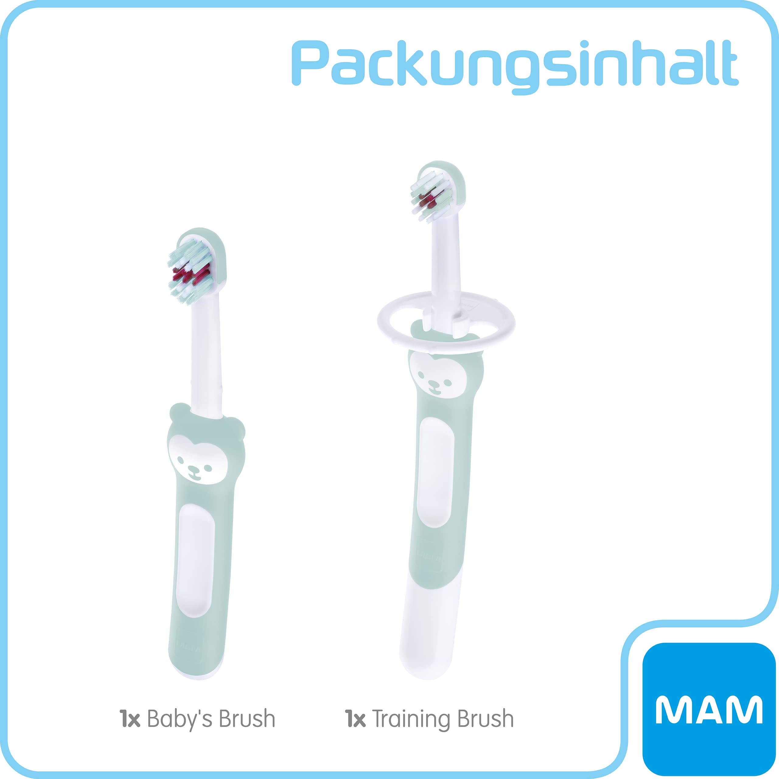MAM Learn to Brush Set, szczoteczka do zębów dla niemowląt z długim uchwytem do wspólnego trzymania, szczoteczka do zębów dla dzieci trenuje mycie zębów, od 5+ miesięcy, turkusowa, 1 sztuka (1
