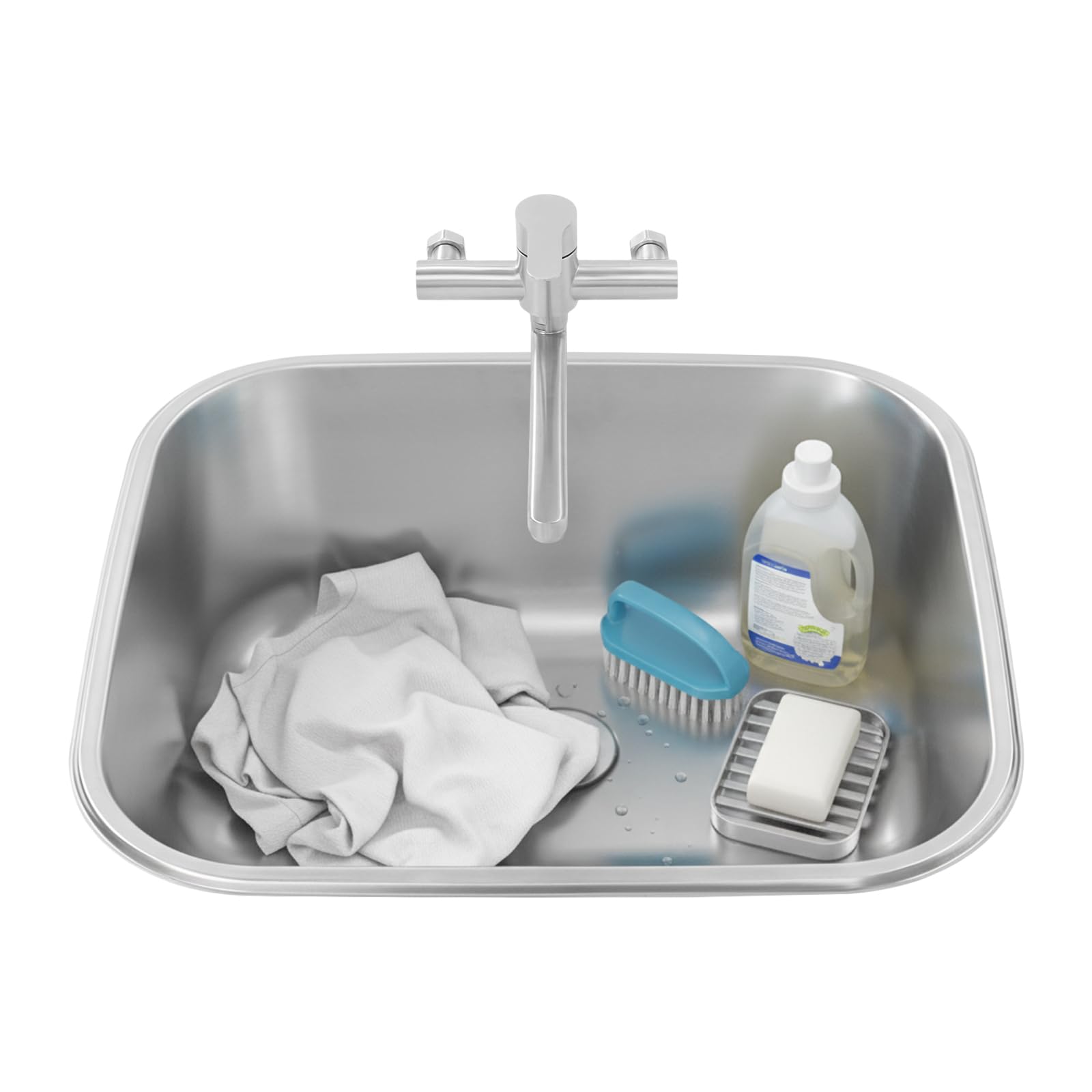 Lavabo con beccuccio in acciaio inox, con rubinetto, lavello autoportante | Grande vasca con fondo fonoassorbente e scarico inclinato per un comodo lavaggio e uno svuotamento rapido