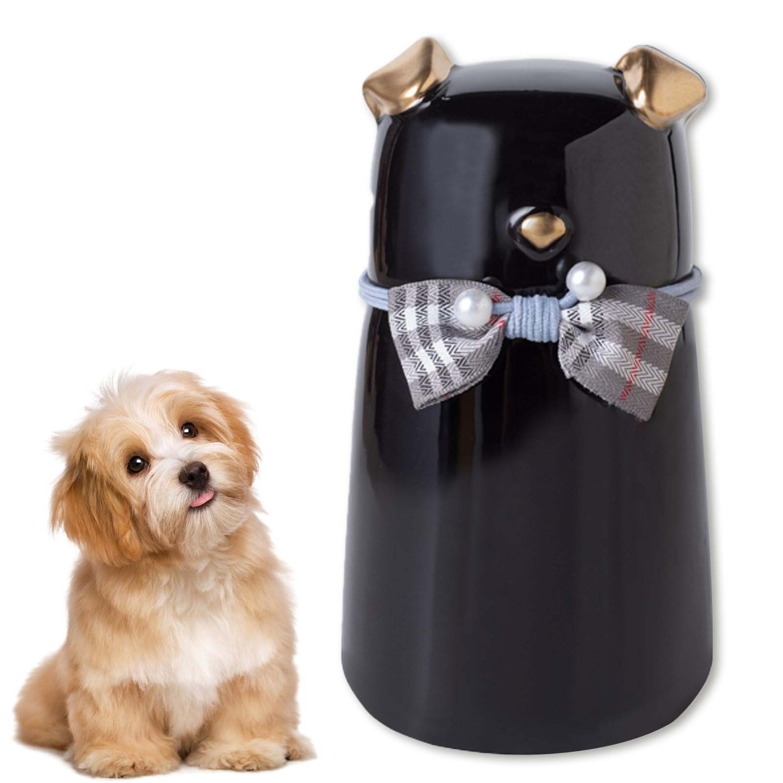 Duuclume Cute Memorial Pet Urn for Dogs Cats,Ceramic Bow Tie Dog Shaped Keepsake Box, Holds Ashes of Small Pets,Forever Keeps Memories,Lovely Home Decoration (Gold Black)