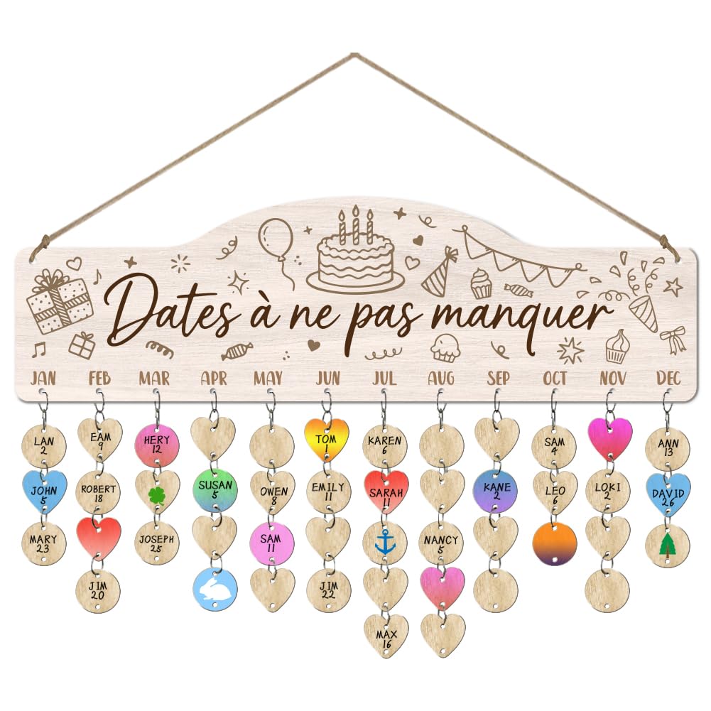 Arricraft Calendrier de rappel d'anniversaire en bois 40x12cm gâteau scintilles étoile avec 100 étiquettes