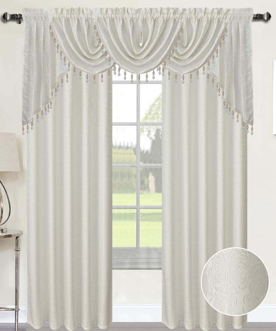 Luxury Home Textiles Angelina Damask 7 Piece Curtain, Beaded Austrian VALANCES and Swag Set, White