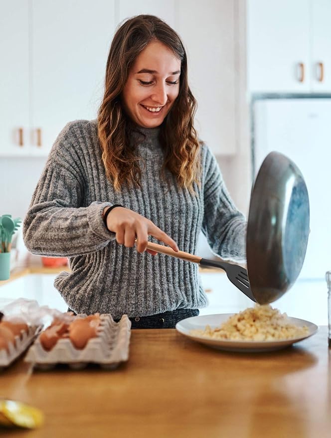 Image of Silicone Kitchen Spatula and Utensils Spoon Set Cooking + Baking Set- 12 Pcs Non-Stick with Wooden Handle-BPA Free, Heat Resistant Item, Flexible Non Toxic Silicon Cookware Tools