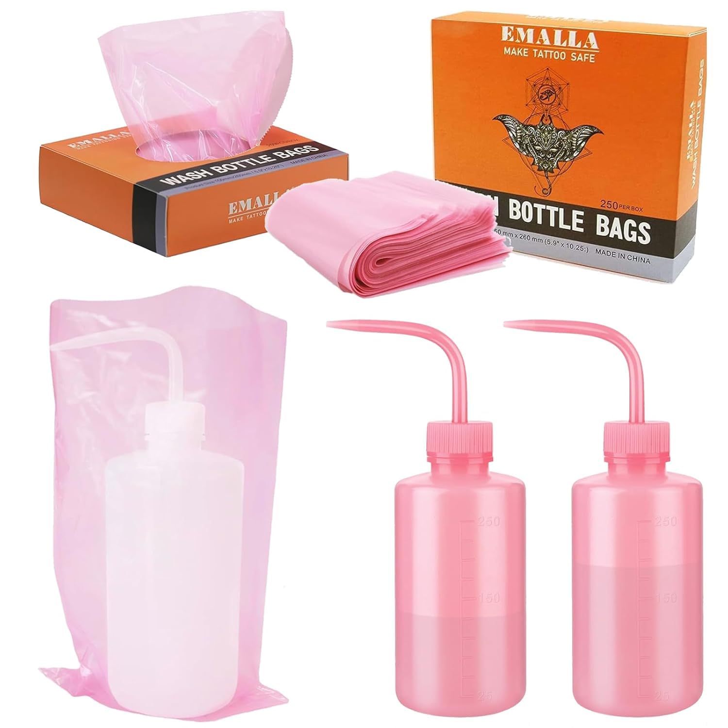 Tattoo Wash Bottle Bags - LEEYUKA 250PCS Pink Squeeze Bottle Bags Wash Bottle Covers 6×10in Tattoo Bottle Covers Tattoo Bottle Cleaning Bags for Tattoo Supplies
