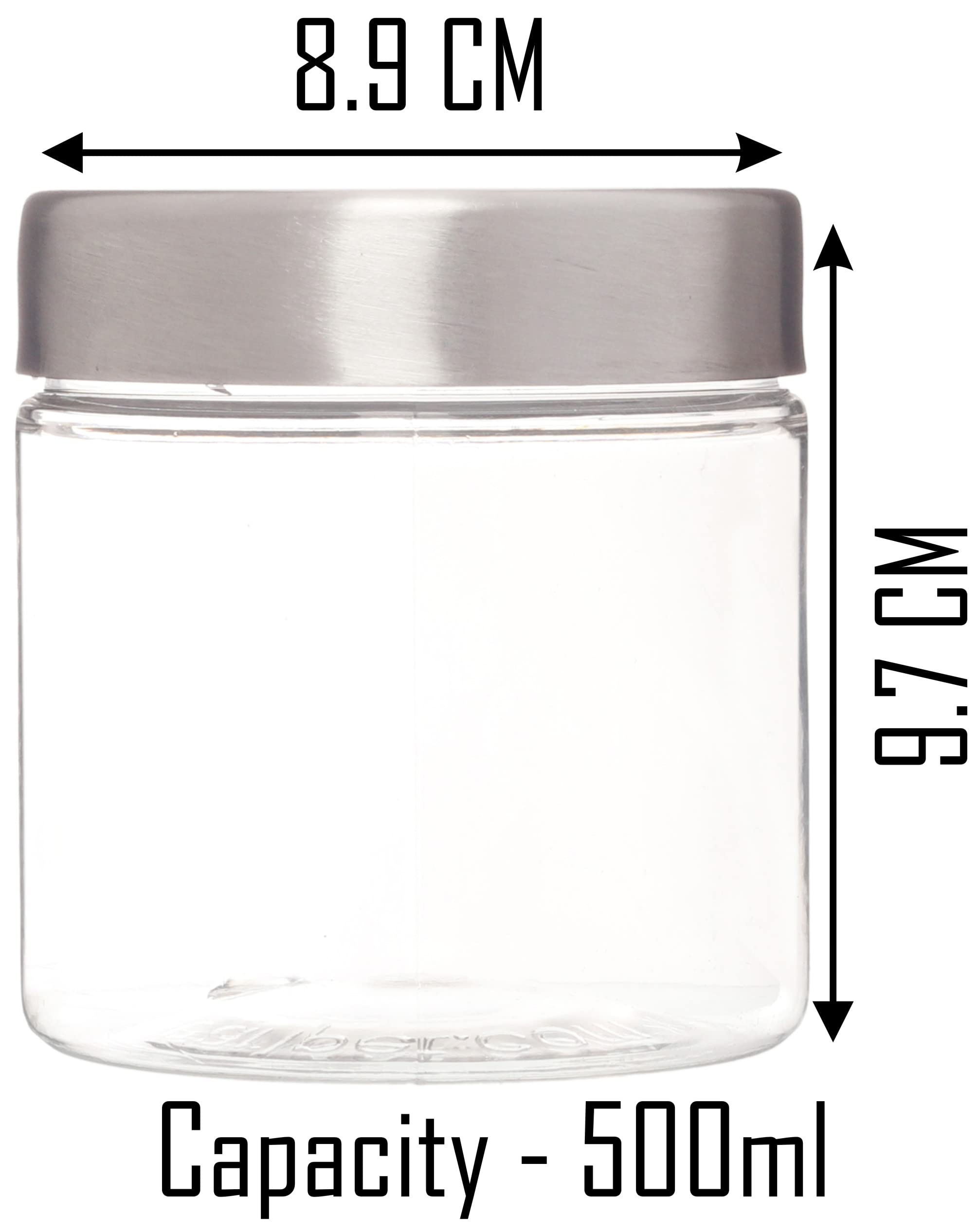 PEARLPET Plus Range Plastic Storage Containers for Kitchen Airtight | Steel Cap Jar Set of 6 Food Grade Boxes for Storing | BPA - Free, Stackable | 500 ml 1