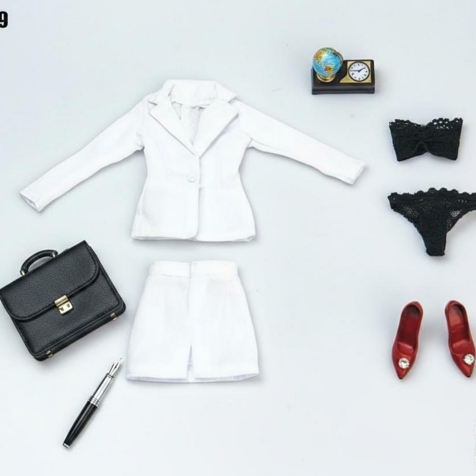 Traje de Oficina para Mujer Combinado con Falda Lencería y Zapatos con Material Textil Alta Visual Adecuado para Coleccionistas y Escenarios Empresariales en Miniatura, Blanco