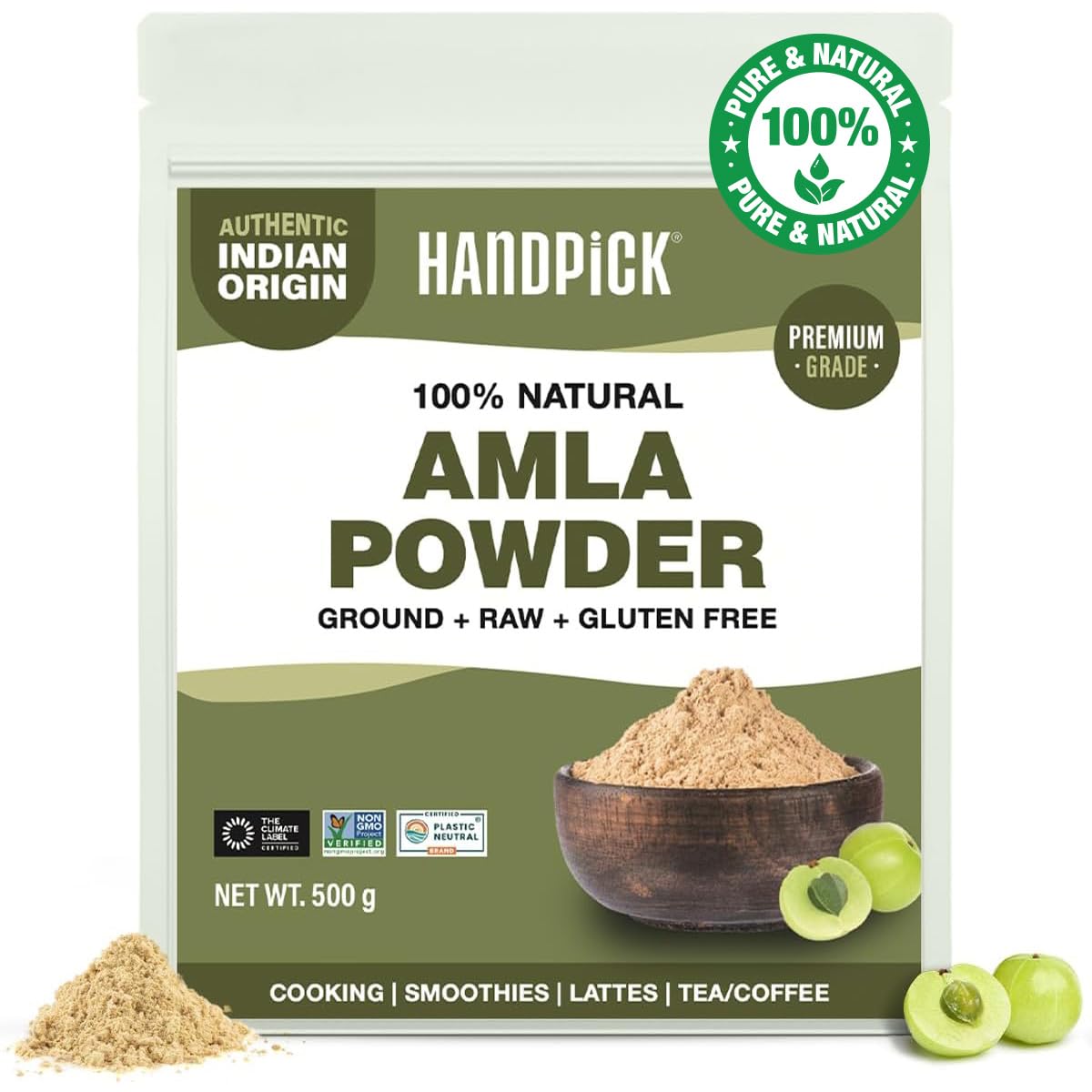 HANDPICK, Amla Powder (500g/17oz) Amalaki | Raw Amla Powder from India | Resealable Zip Lock Pouch, Indian Gooseberry Powder | Perfect for Cooking, Smoothies, Latte & Tea