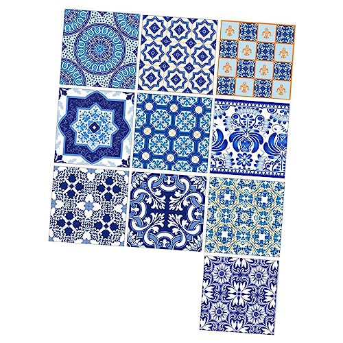 POPETPOP 10 piezas Pegatinas Azulejos Autoadhesivas Estilo Porcelana Azul y Blanco Impermeables Antideslizantes para Cocina Baño Decoración Pared Removible