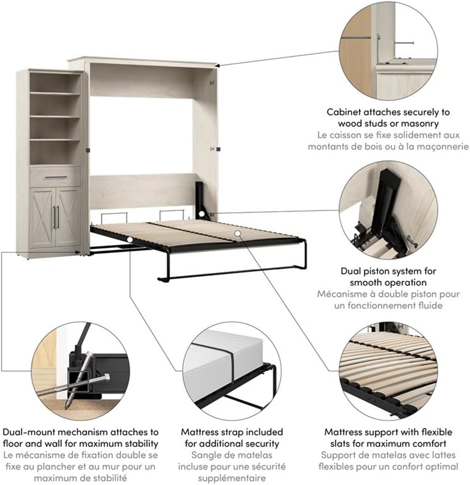 Bestar Key West Queen Murphy Bed and Closet Organizer with Drawer and Doors (94W) Space-Saving Sleeping Arrangement for Multipurpose Area, Bedroom, Guest Room, or Living Room in Linen White Oak