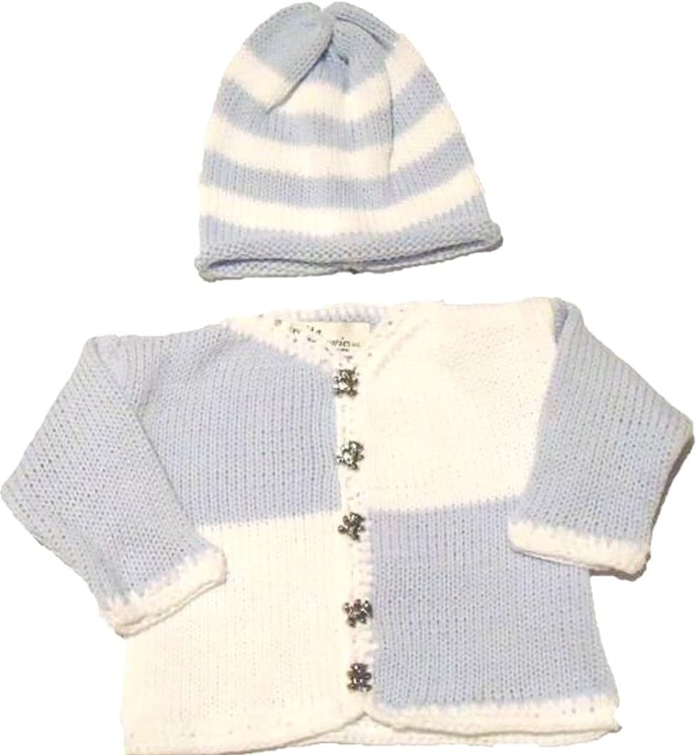 Sona Knitted & Crochet Finished Blue White Blocked Cotton Sweater Hat