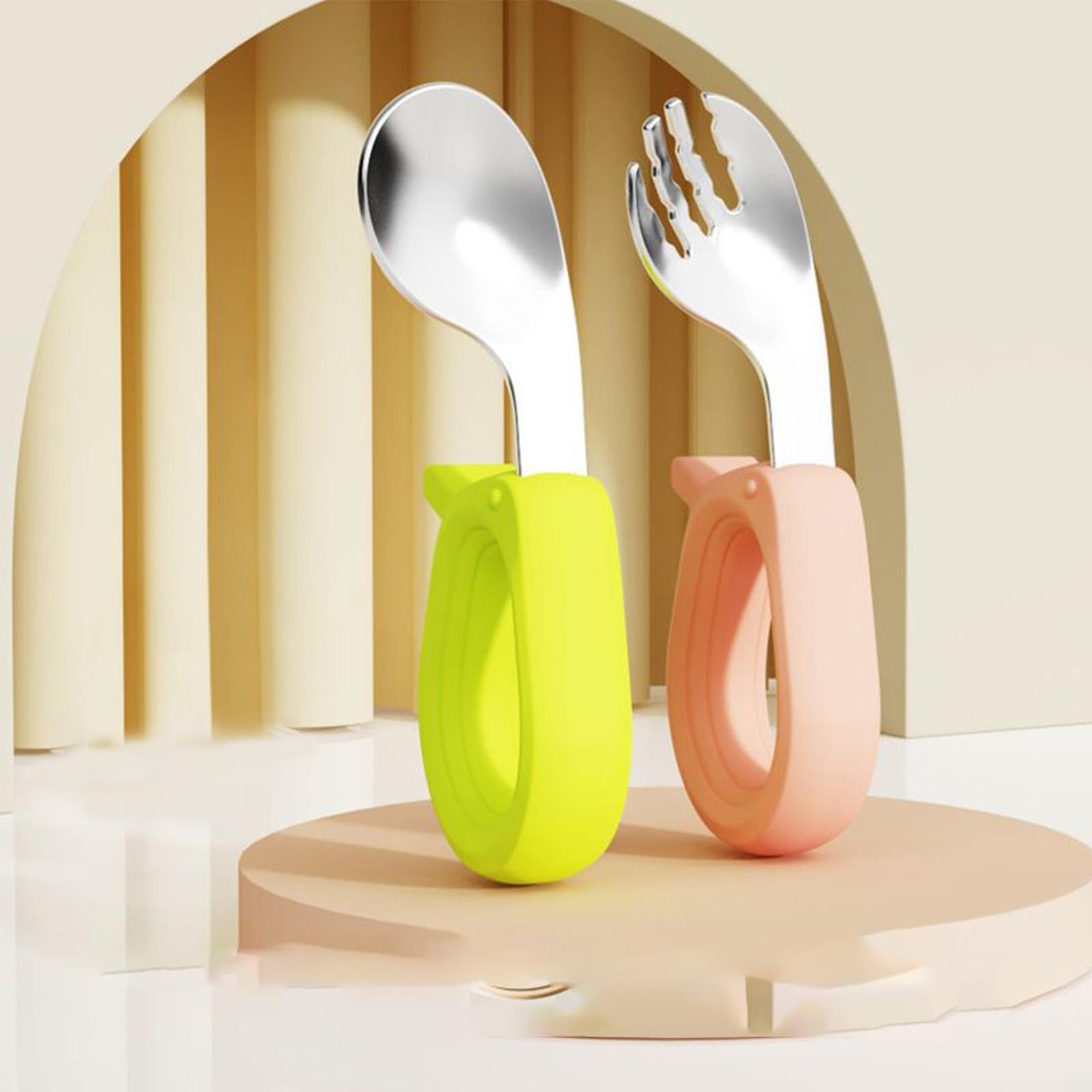 Forks and Spoons, Stainless Steel Anti-Slip Fork Spoon, Self-Feeding Cutlery with Round Handle, for Lunch, Dinner, School, Travel, Home, Daycare, Boys, Girls, 1+ Years, Road Trip — view 4