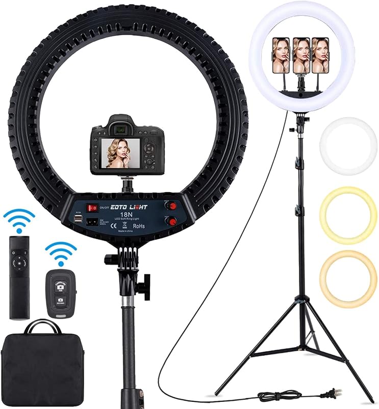 Anillo de luz LED de 18 pulgadas con soporte para trípode Anillo de luz regulable para selfies de maquillaje para retratos de estudio YouTube Vlog Grabación de videos con bolsa de transporte y control remoto, CRI 90