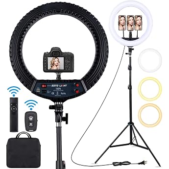 18 Inch LED Ring Light with Tripod Stand Dimmable Makeup Selfie Ring Light for Studio Portrait YouTube Vlog Video Recording with Carry Bag and Remote Control CRI 90