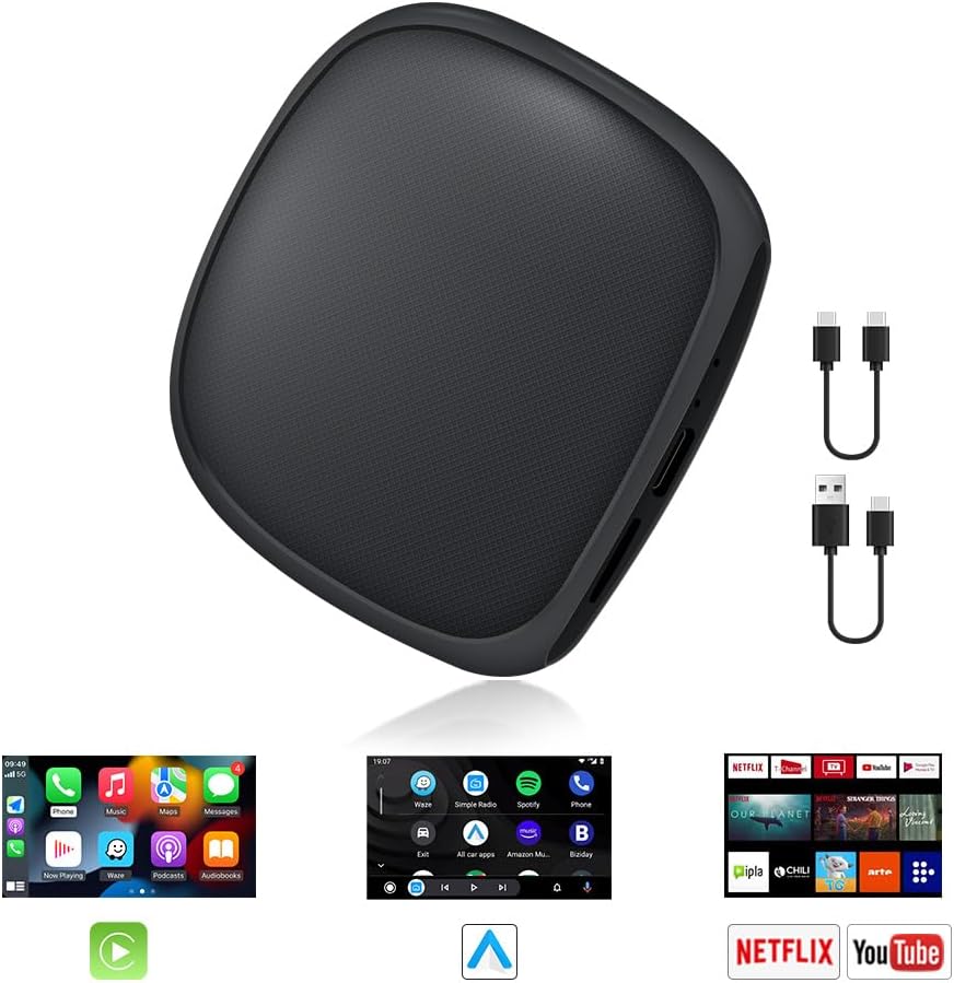 Wireless CarPlay Android Car Adapter Magic Box with Netflix/YouTube/Disney/Google Play/TF Card The Multimedia Video Ai Box Wireless Adapter USB Dongle for Factory Wired CarPlay Cars