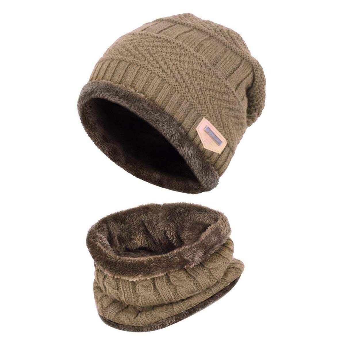 HIDARLING Warm Knitted Hat and Circle Scarf Skiing Hat with Fleece Liner Outdoor Sports Hat Sets for Men & Women (Light Coffee)(Size: M)